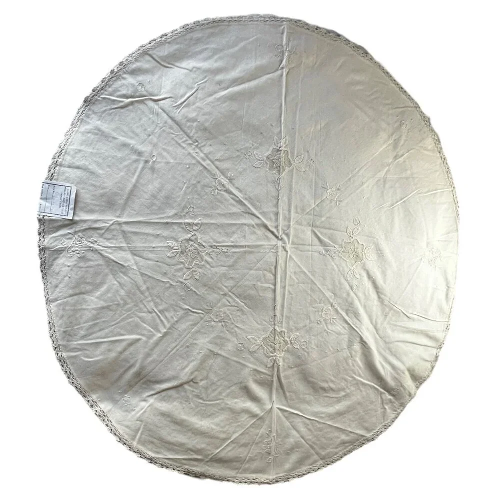 Round Beige Cotton Tablecloth With Madeira Style Appliqué Floral Design 34